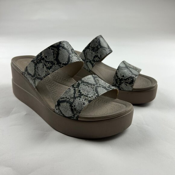 Crocs Beige Snake Print Brooklyn Mid Wedge Strappy Sandal W10 - Picture 1 of 7